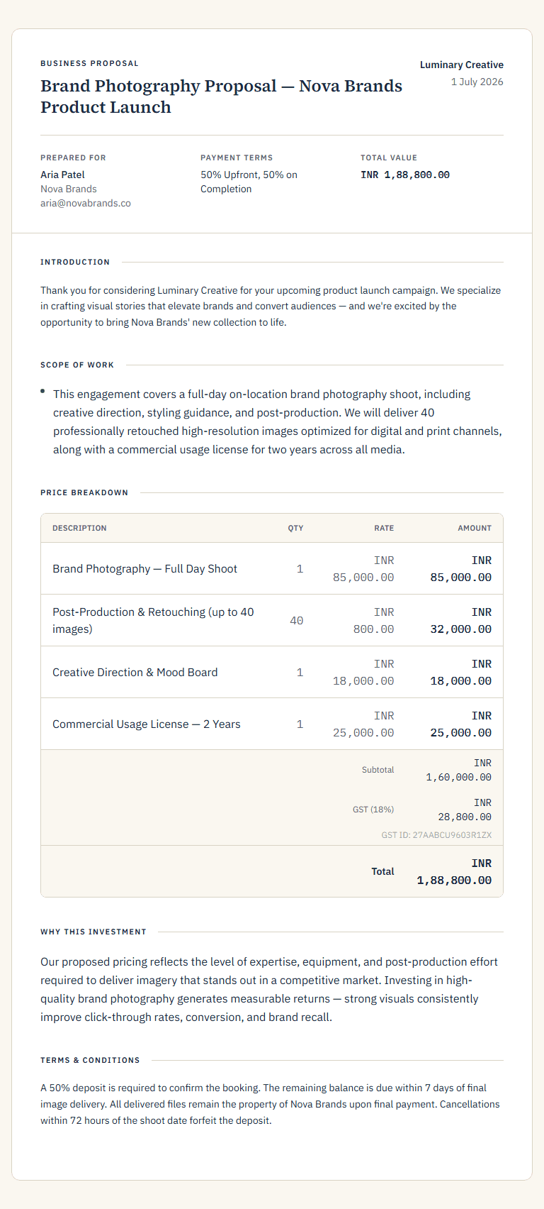 Sample AI-generated proposal — Brand Photography Proposal