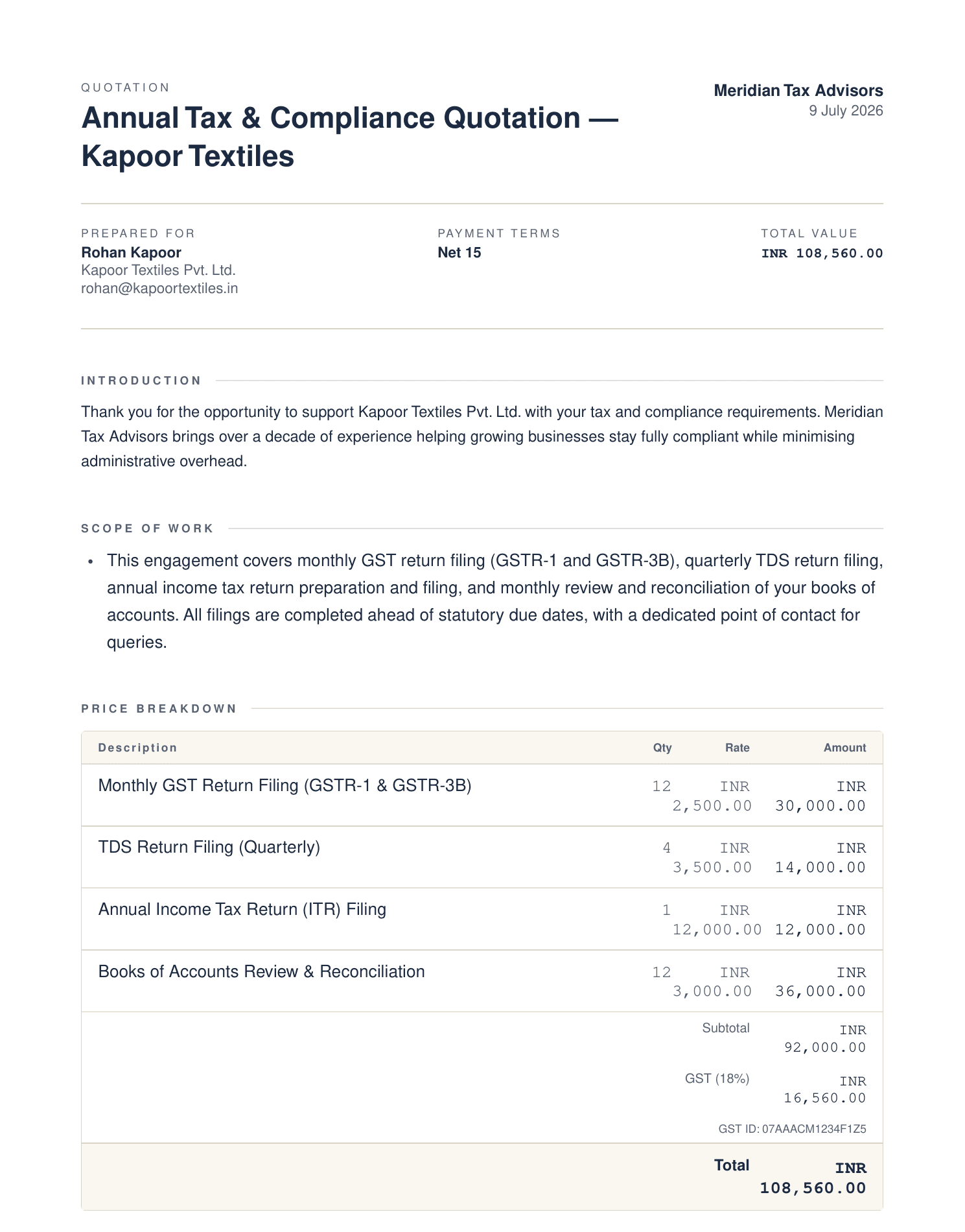 Sample AI-generated quotation — GST & Tax Compliance Quotation